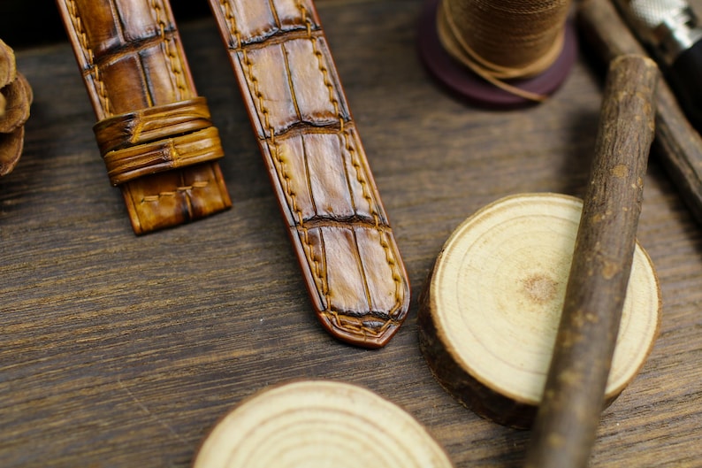 Tan Patina Alligator Leather Watch Strap - Handmade Genuine Alligator Watch Band with Deployant Clasp 14mm-24mm