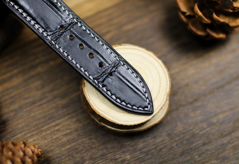 Black Alligator Leather Watch Strap 18mm 20mm 22mm 24mm - Handmade Watch Band with Deployant Clasp