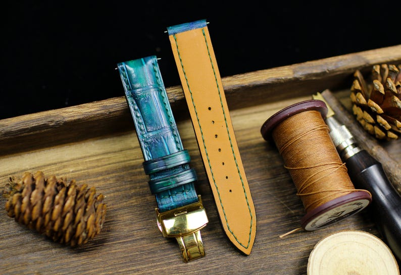 Teal alligator watch band showing front and tan leather lining - genuine exotic leather strap