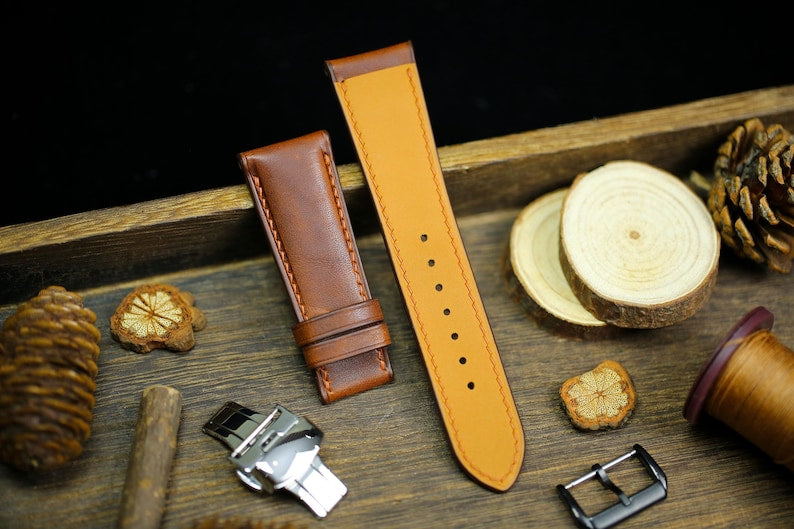 Brown Vachetta watch band showing front and tan leather lining - genuine Italian vegetable-tanned leather strap