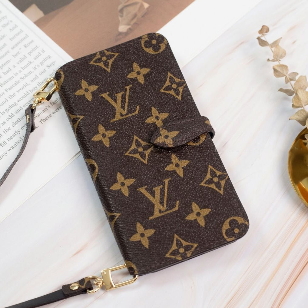 Handmade LV Monogram iPhone Crossbody Wallet Case – Genuine Leather with Detachable Strap