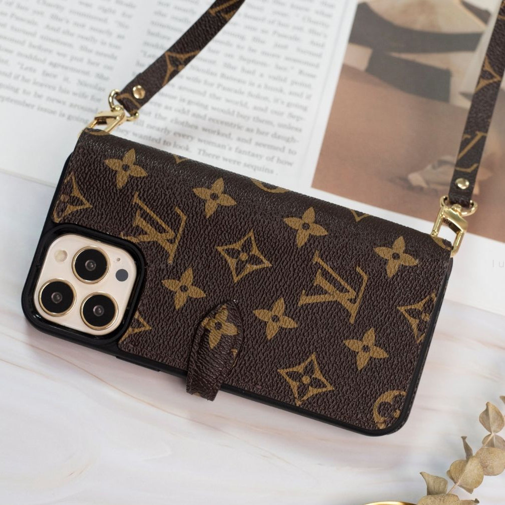 Handmade LV Monogram iPhone Crossbody Wallet Case – Genuine Leather with Detachable Strap