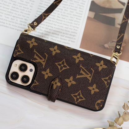 Handmade LV Monogram iPhone Crossbody Wallet Case – Genuine Leather with Detachable Strap