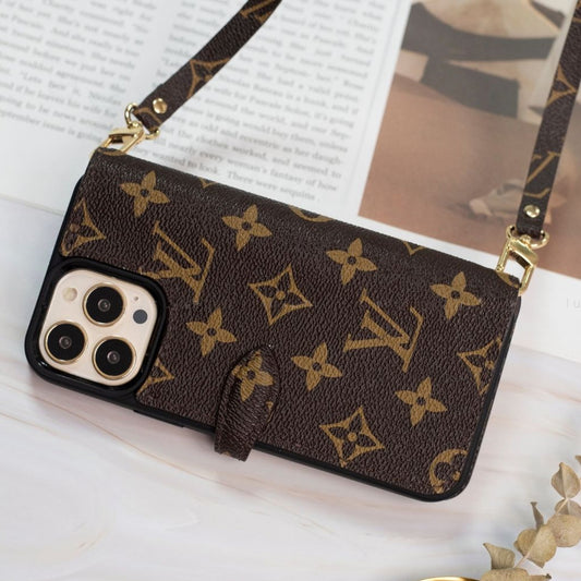 Handmade LV Monogram iPhone Crossbody Wallet Case – Genuine Leather with Detachable Strap