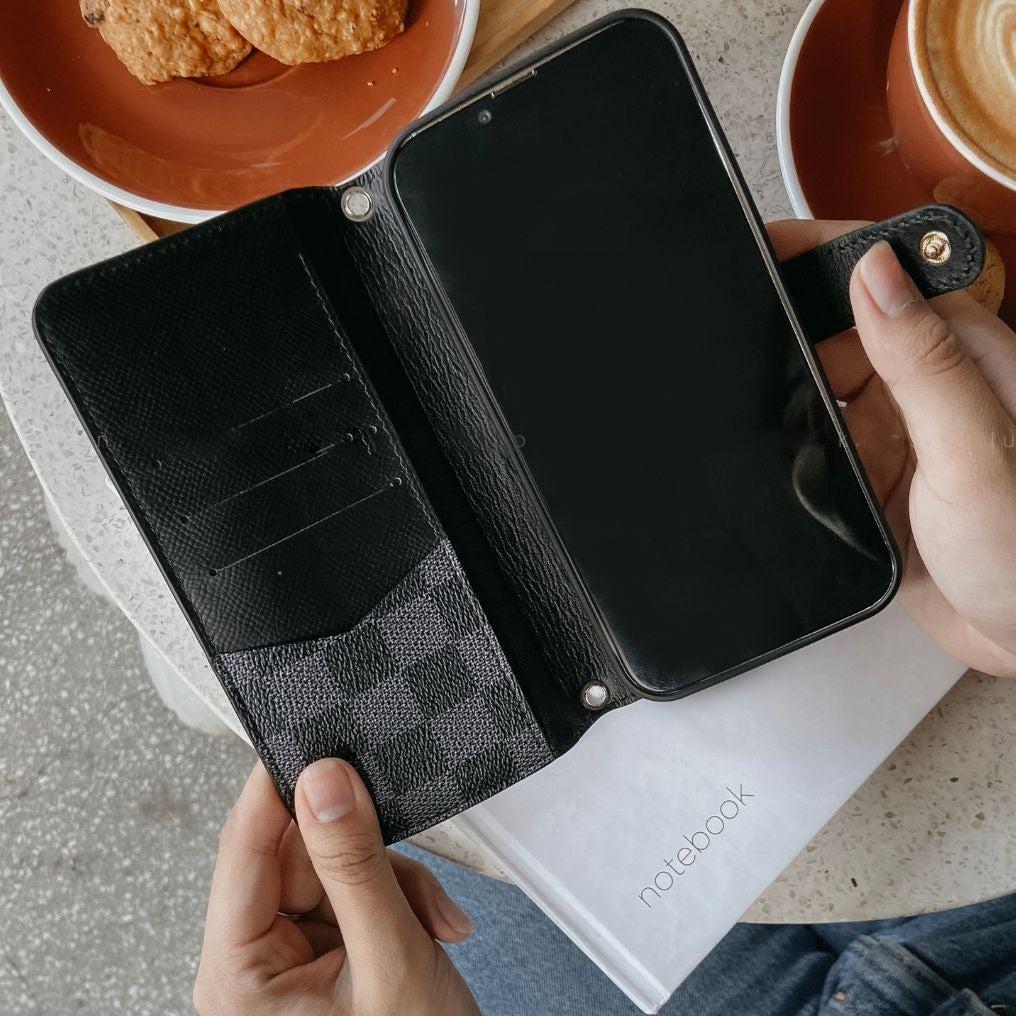 Handmade LV Monogram iPhone Crossbody Wallet Case – Genuine Leather with Detachable Strap