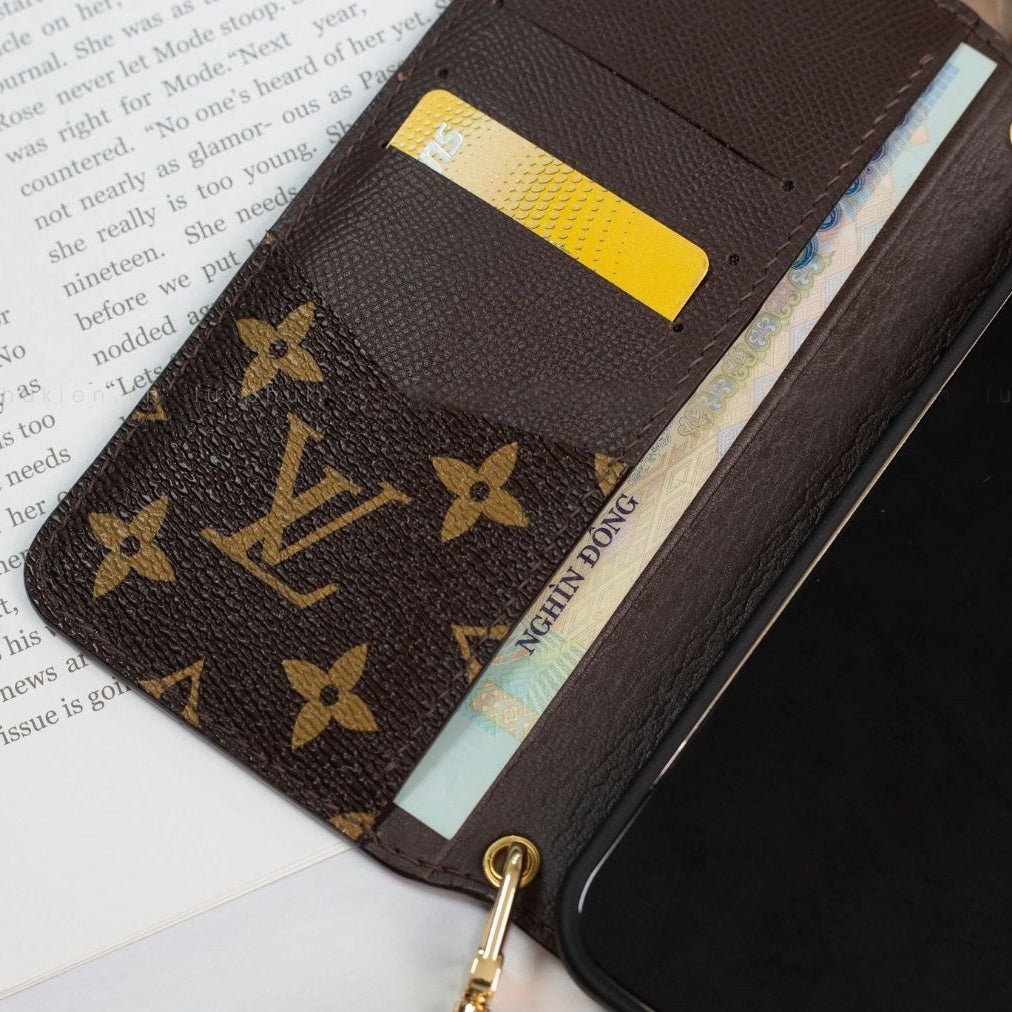 Handmade LV Monogram iPhone Crossbody Wallet Case – Genuine Leather with Detachable Strap