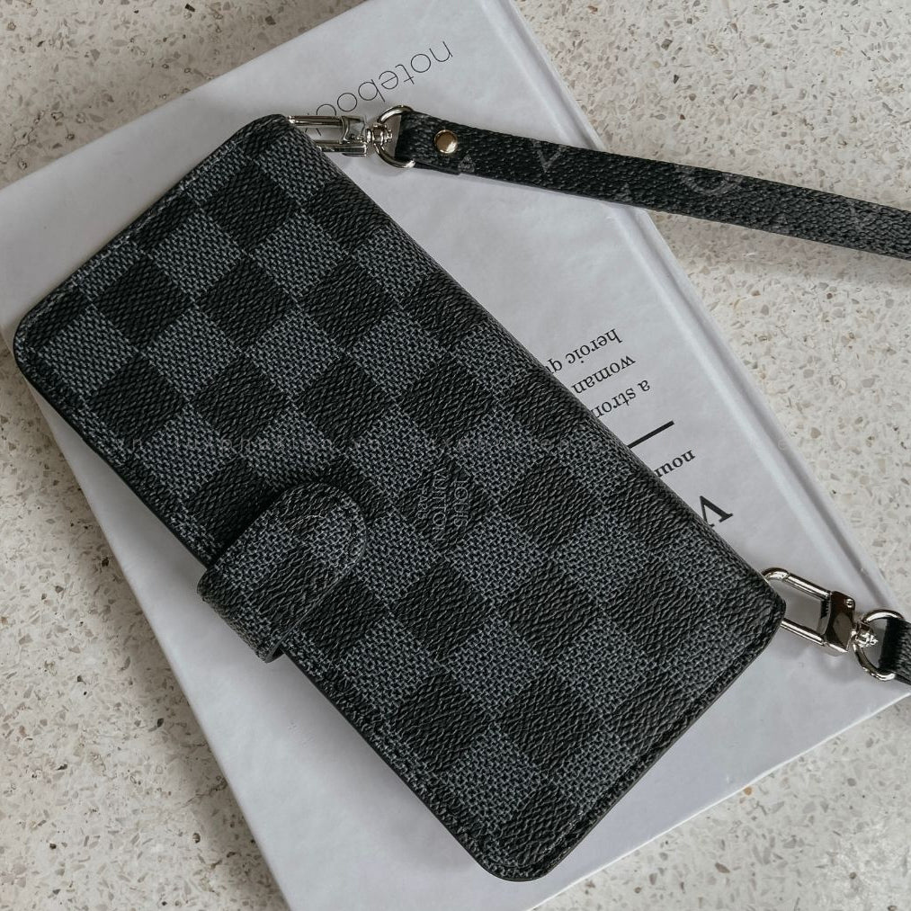 Handmade LV Monogram iPhone Crossbody Wallet Case – Genuine Leather with Detachable Strap