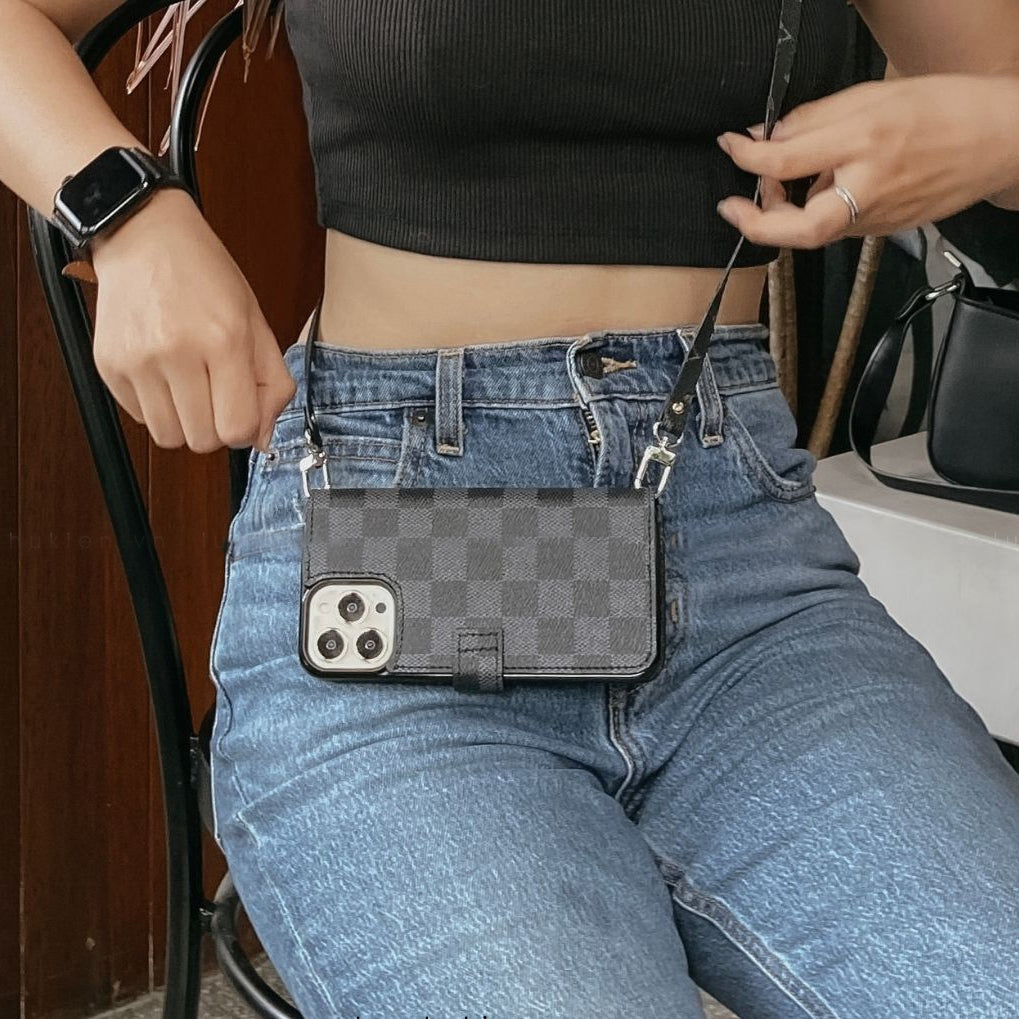 Handmade LV Monogram iPhone Crossbody Wallet Case – Genuine Leather with Detachable Strap