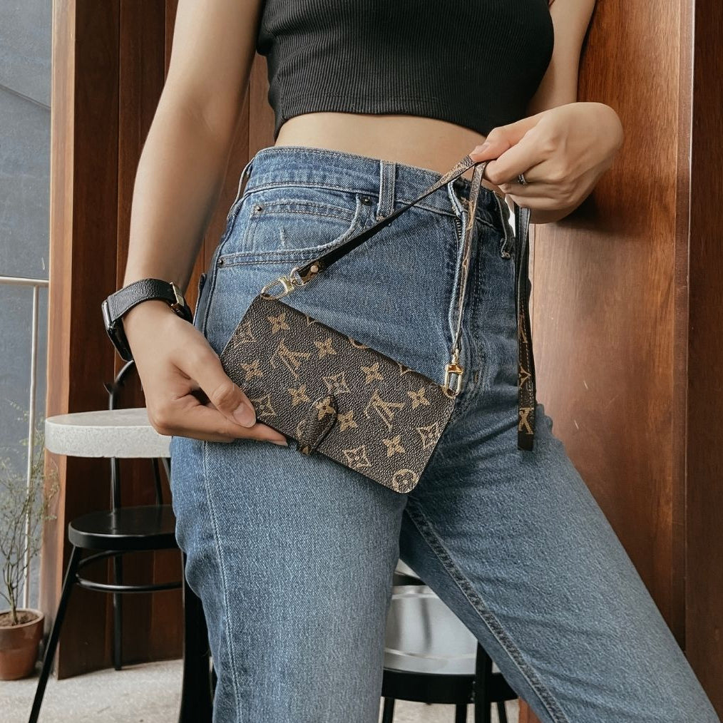 Handmade LV Monogram iPhone Crossbody Wallet Case – Genuine Leather with Detachable Strap