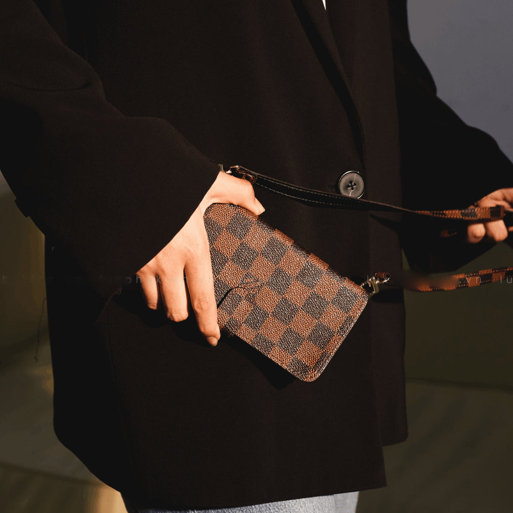 Handmade LV Monogram iPhone Crossbody Wallet Case – Genuine Leather with Detachable Strap