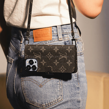 Handmade LV Monogram iPhone Crossbody Wallet Case – Genuine Leather with Detachable Strap