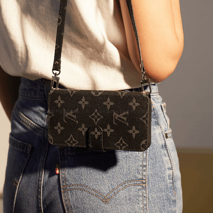 Handmade LV Monogram iPhone Crossbody Wallet Case – Genuine Leather with Detachable Strap
