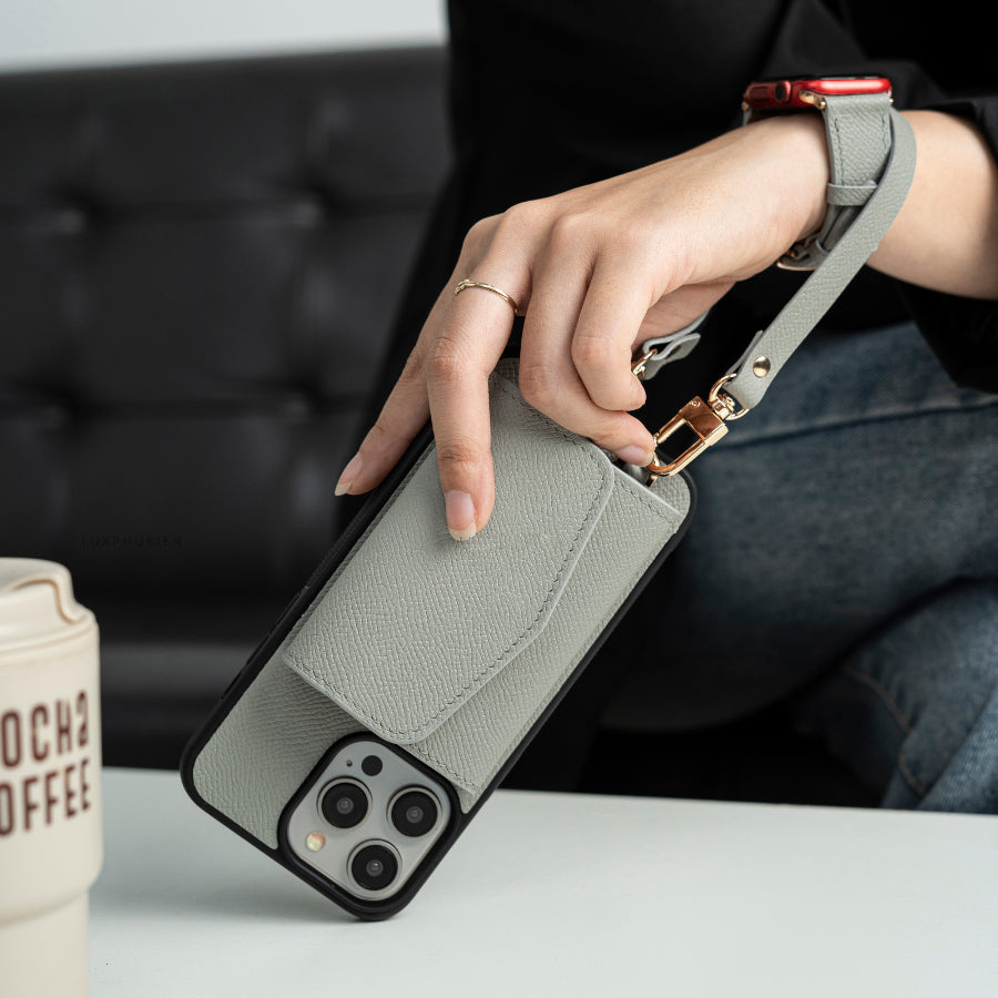 Handcrafted Epsom Leather iPhone Case with Zip Wallet & Crossbody Strap