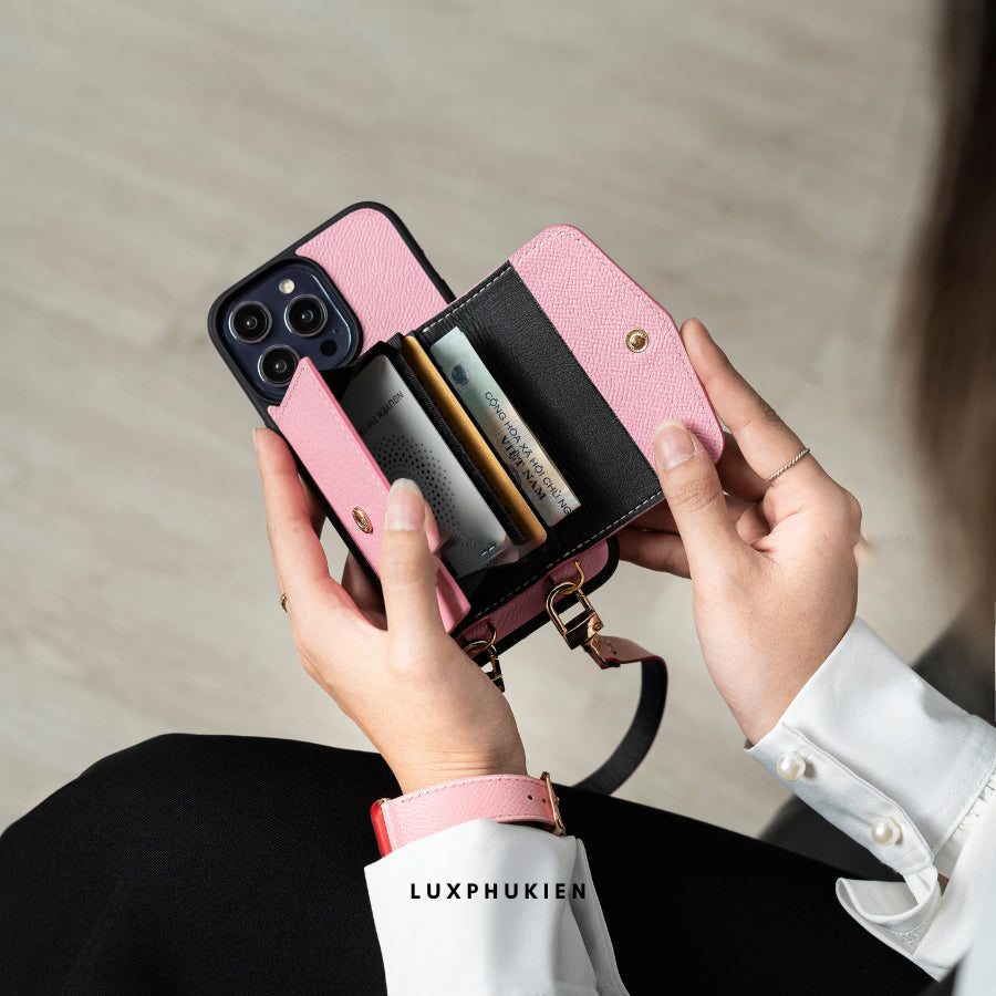 Handcrafted Epsom Leather iPhone Case with Zip Wallet & Crossbody Strap