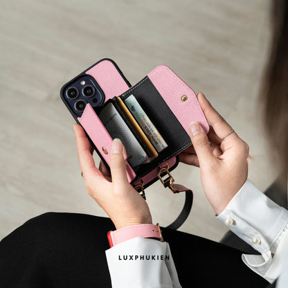 Handcrafted Epsom Leather iPhone Case with Zip Wallet & Crossbody Strap