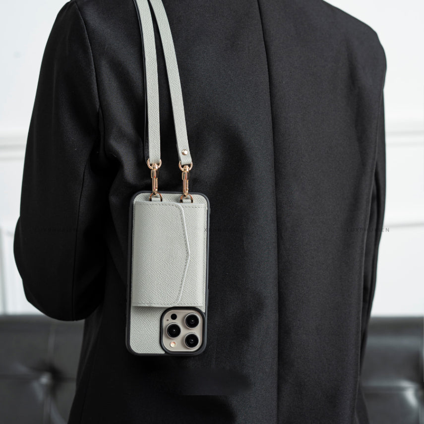 Handcrafted Epsom Leather iPhone Case with Zip Wallet & Crossbody Strap