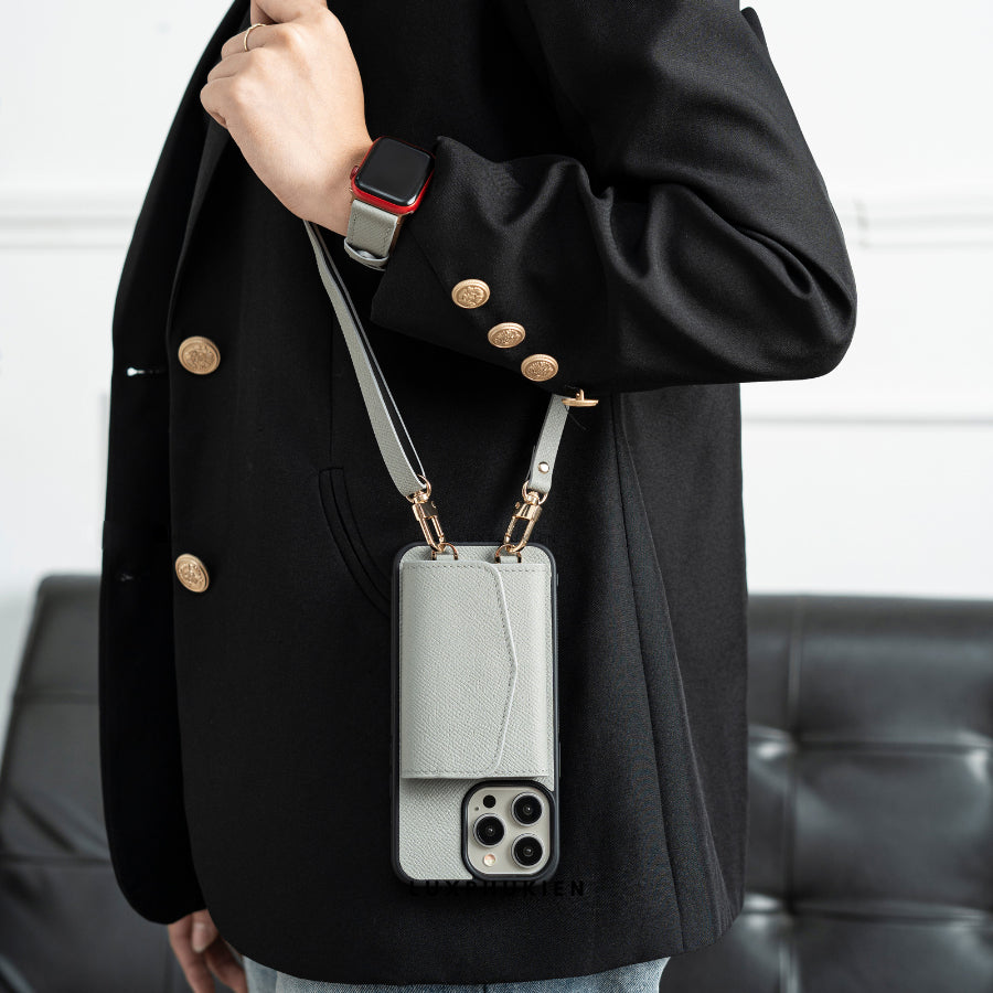 Handcrafted Epsom Leather iPhone Case with Zip Wallet & Crossbody Strap