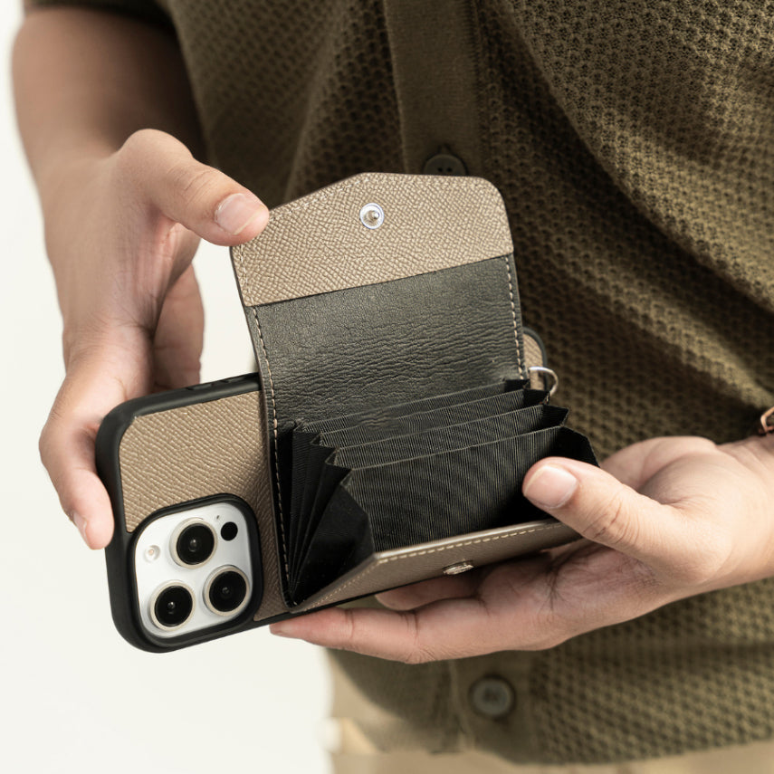 Handcrafted Epsom Leather iPhone Case with Zip Wallet & Crossbody Strap