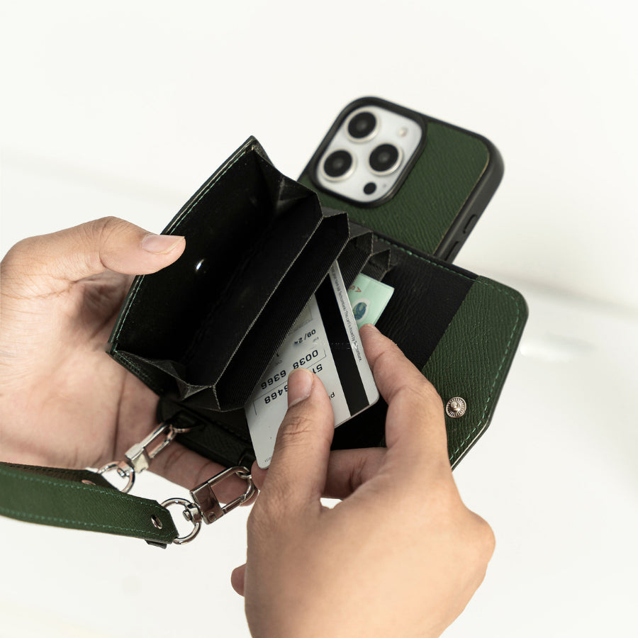 Handcrafted Epsom Leather iPhone Case with Zip Wallet & Crossbody Strap