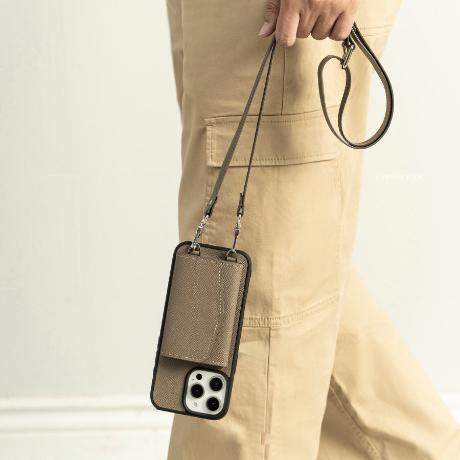 Handcrafted Epsom Leather iPhone Case with Zip Wallet & Crossbody Strap