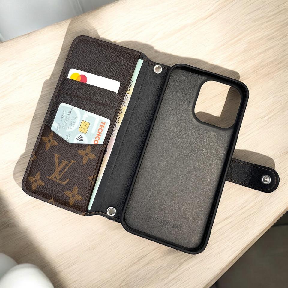 Luxury iPhone Wallet Case with Wrist Strap – Upcycled Designer Canvas iPhone 12-17