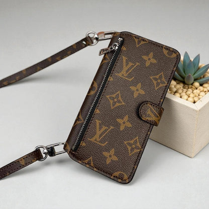 Luxury iPhone Wallet Case with Wrist Strap – Upcycled Designer Canvas iPhone 12-17