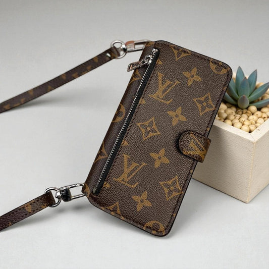 Luxury iPhone Wallet Case with Wrist Strap – Upcycled Designer Canvas iPhone 12-17