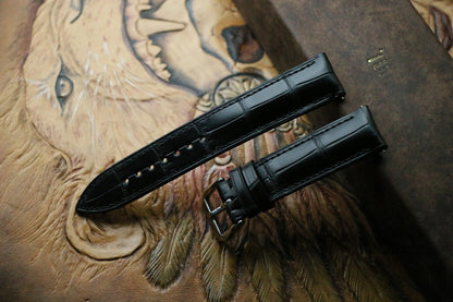 Handmade black alligator USA leather watch strap with artistic background