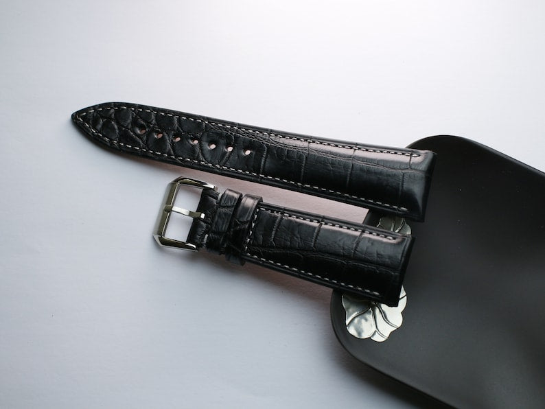 Handmade Black Alligator Leather Watch Strap - Premium Vietnamese Craftsmanship