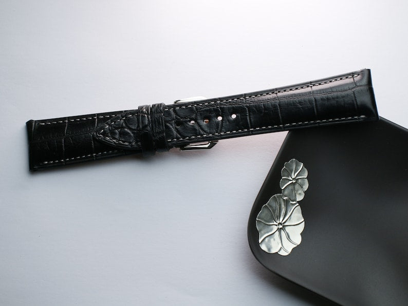 Handmade Black Alligator Leather Watch Strap - Premium Vietnamese Craftsmanship
