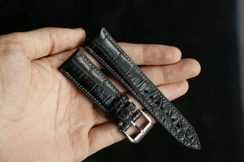 Handmade Black Alligator Leather Watch Strap - Premium Vietnamese Craftsmanship