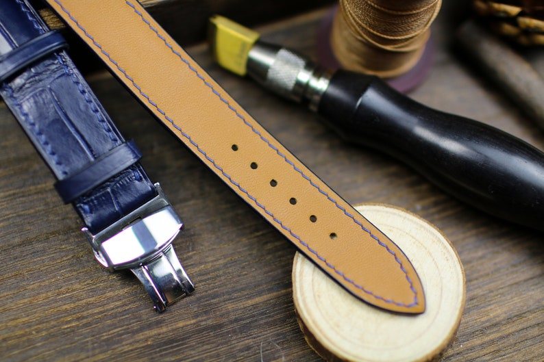 Navy Blue Alligator Leather Watch Strap - Handmade Premium Watch Band 14mm-24mm