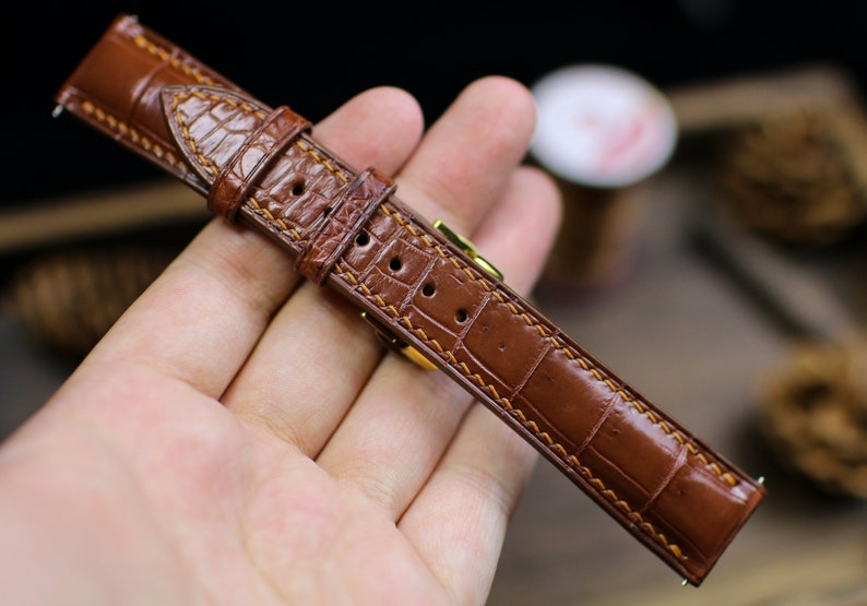 Handmade Alligator Leather Watch Strap - British Tan Brown Watch Band 14mm-24mm with Deployant Clasp