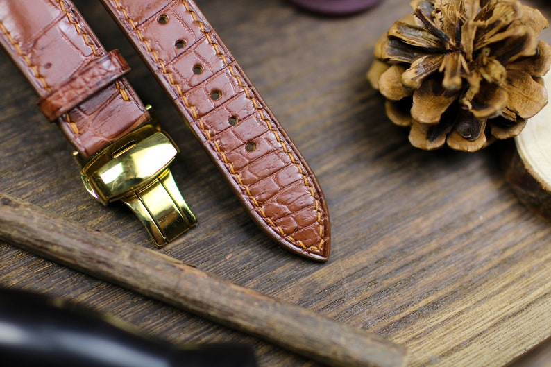 Handmade Alligator Leather Watch Strap - British Tan Brown Watch Band 14mm-24mm with Deployant Clasp