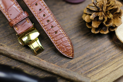 Handmade Alligator Leather Watch Strap - British Tan Brown Watch Band 14mm-24mm with Deployant Clasp