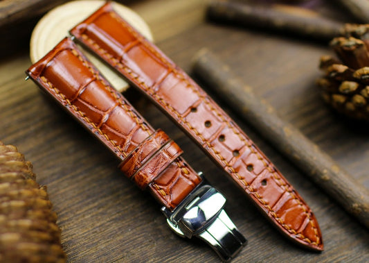 Handmade Alligator Leather Watch Strap - British Tan Brown Watch Band 14mm-24mm with Deployant Clasp