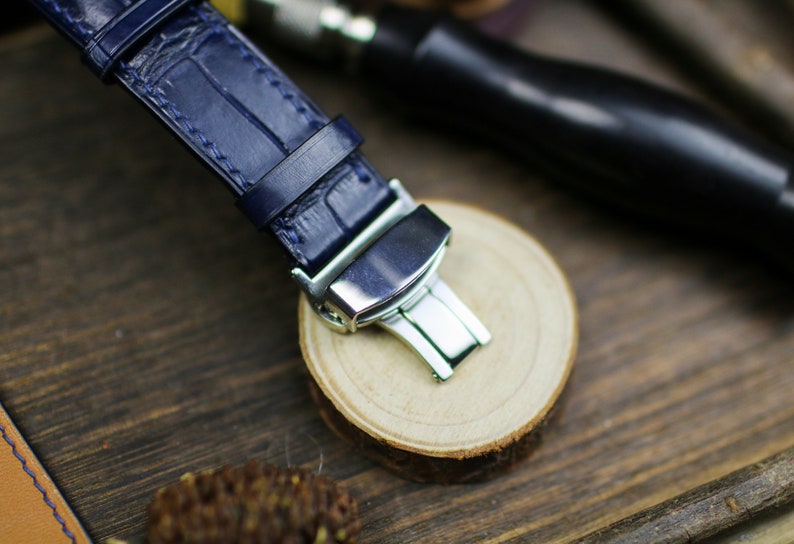 Navy Blue Alligator Leather Watch Strap - Handmade Premium Watch Band 14mm-24mm