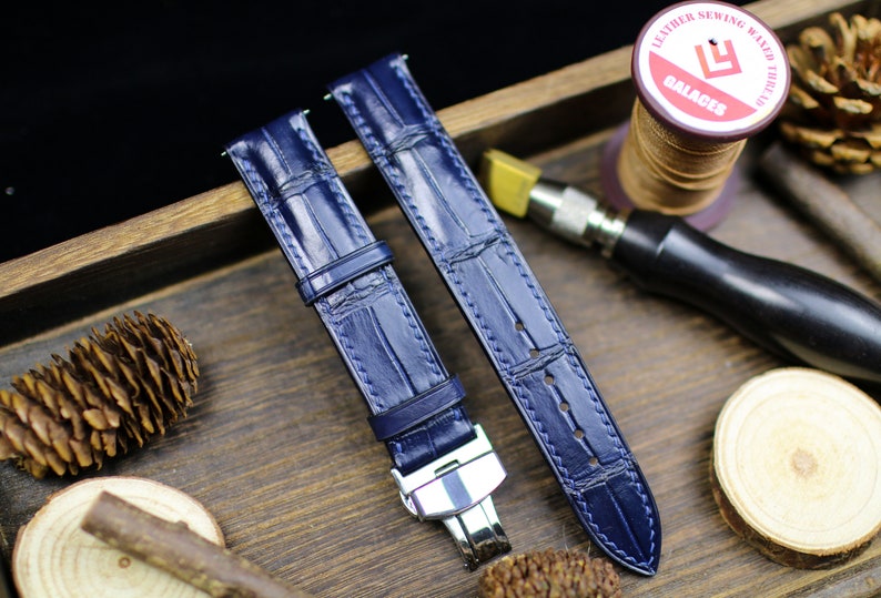 Navy blue alligator leather watch strap with deployant clasp - handmade craftsmanship