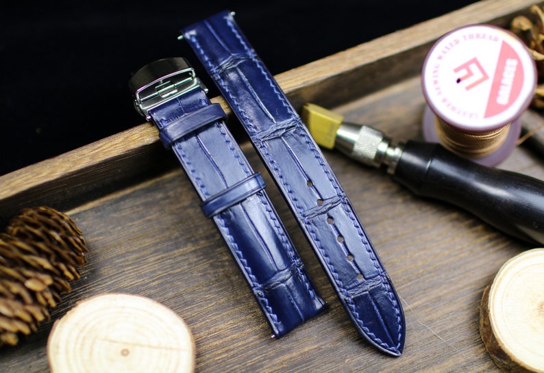 Navy Blue Alligator Leather Watch Strap - Handmade Premium Watch Band 14mm-24mm