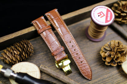 Handmade Alligator Leather Watch Strap - British Tan Brown Watch Band 14mm-24mm with Deployant Clasp