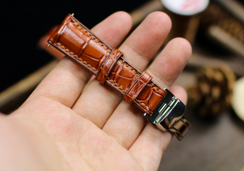Handmade Alligator Leather Watch Strap - British Tan Brown Watch Band 14mm-24mm with Deployant Clasp