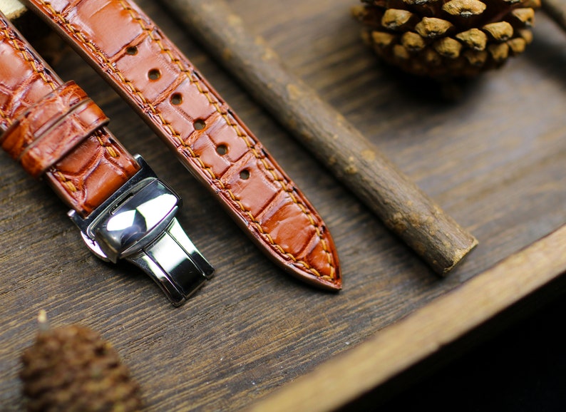 Handmade Alligator Leather Watch Strap - British Tan Brown Watch Band 14mm-24mm with Deployant Clasp