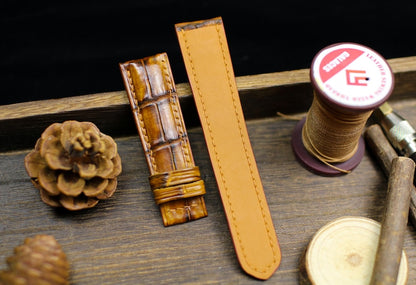 Tan patina alligator watch band showing embossed crocodile pattern and tan leather lining - genuine exotic leather strap