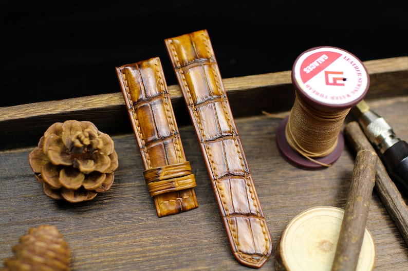 Tan Patina Alligator Leather Watch Strap - Handmade Genuine Alligator Watch Band with Deployant Clasp 14mm-24mm