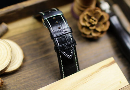 Black Alligator Leather Watch Strap 18mm 20mm 22mm 24mm - Handmade Watch Band with Deployant Clasp