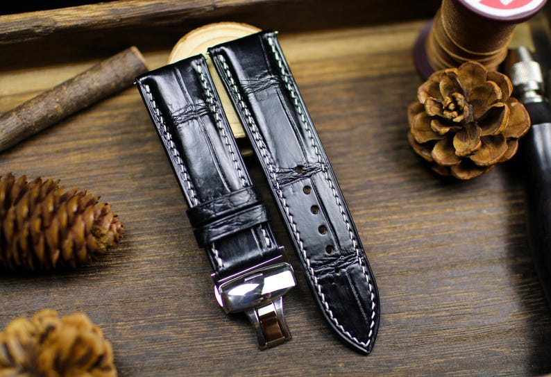 Black Alligator Leather Watch Strap 18mm 20mm 22mm 24mm - Handmade Watch Band with Deployant Clasp