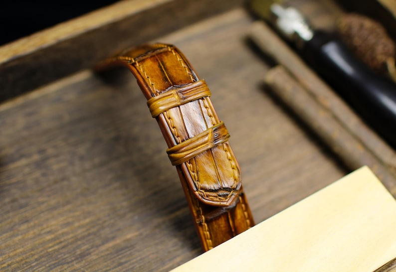 Tan Patina Alligator Leather Watch Strap - Handmade Genuine Alligator Watch Band with Deployant Clasp 14mm-24mm