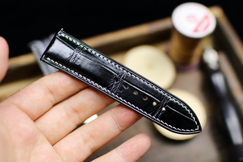 Black Alligator Leather Watch Strap 18mm 20mm 22mm 24mm - Handmade Watch Band with Deployant Clasp