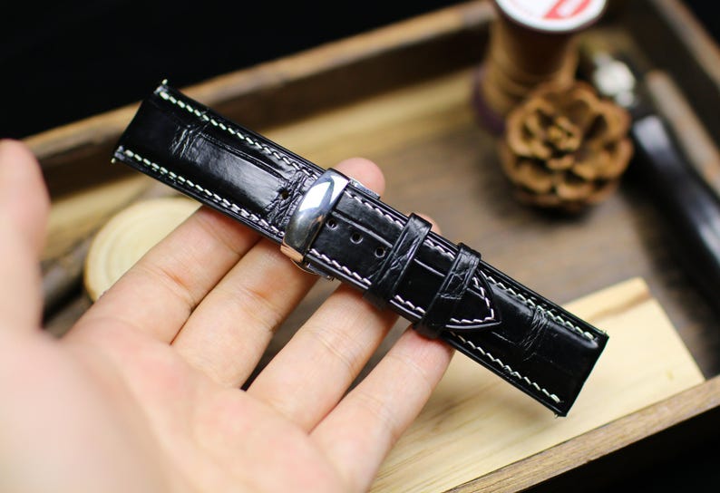 Black Alligator Leather Watch Strap 18mm 20mm 22mm 24mm - Handmade Watch Band with Deployant Clasp