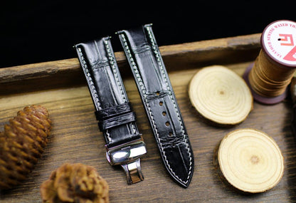 Black Alligator Leather Watch Strap 18mm 20mm 22mm 24mm - Handmade Watch Band with Deployant Clasp